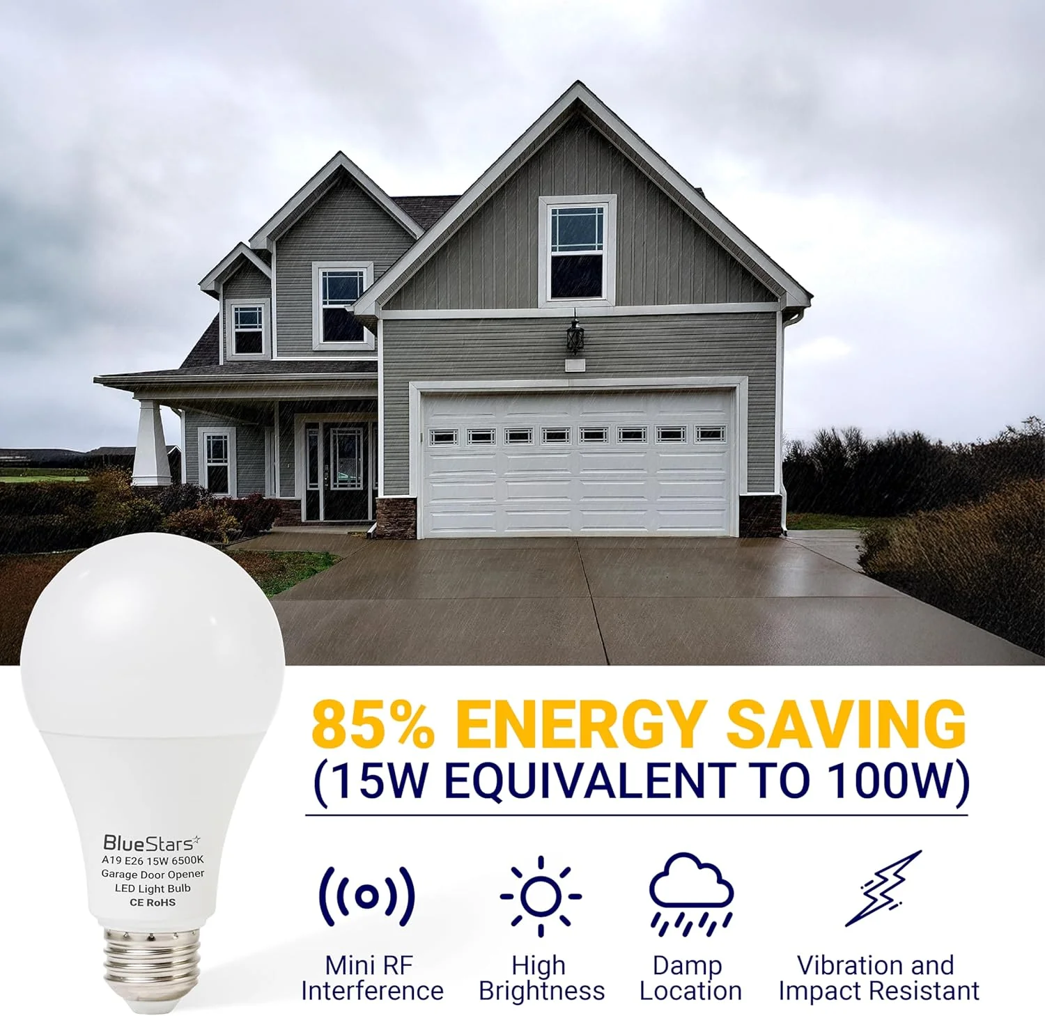 [Lifetime Warranty] 15W Universal Garage Door Opener LED Light Bulb 100W Equivalent 1500Lm Ultra Bright 120V A19 Bulbs with E26 Base - Pack of 2 - Image 5