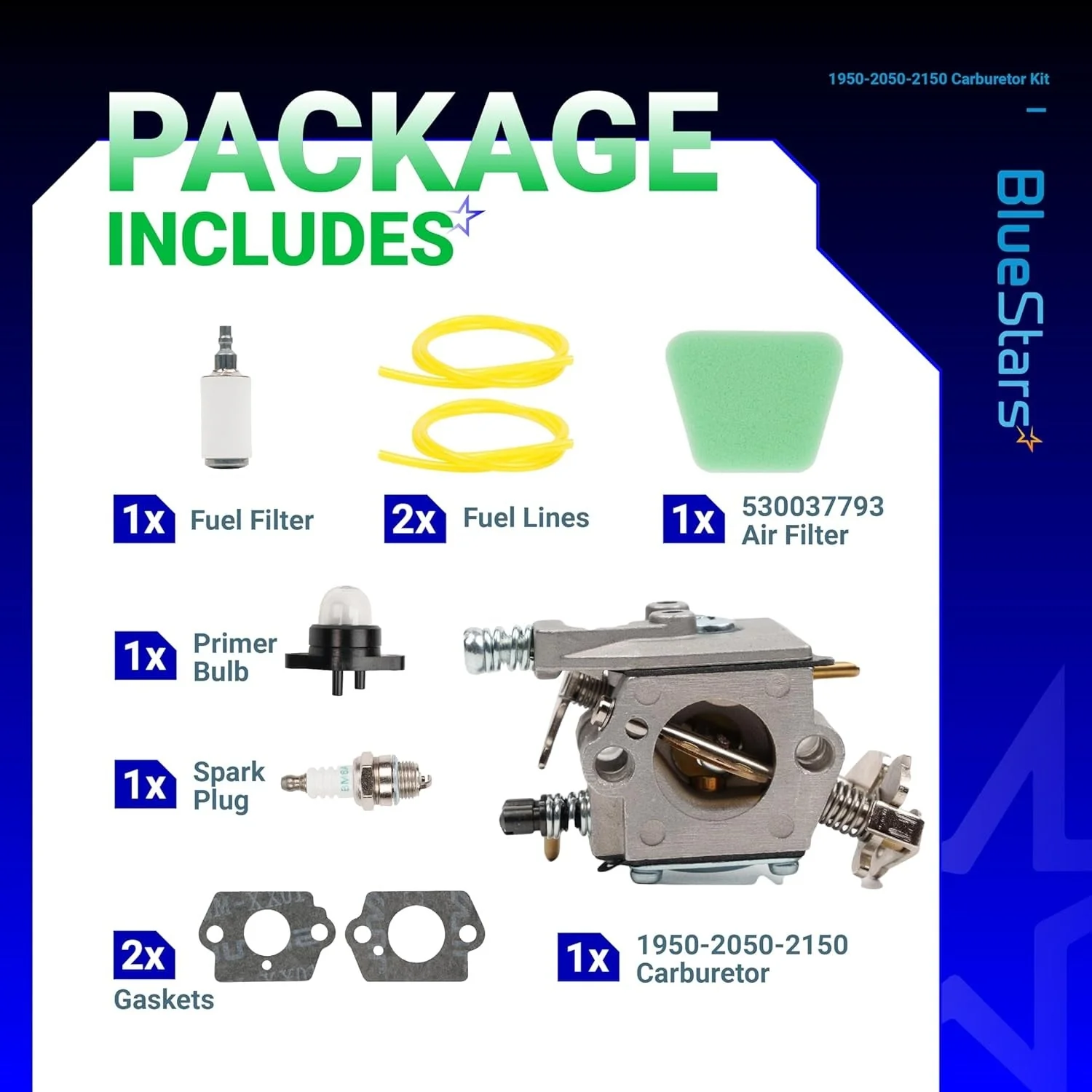[Lifetime Warranty] 1950 2050 2150 Carburetor Kit (1 carburetor, 1 fuel filter, 1 air filter, 2 yellow fuel lines, 1 primer bulb,1 spark plug,1 gasket) - Image 3