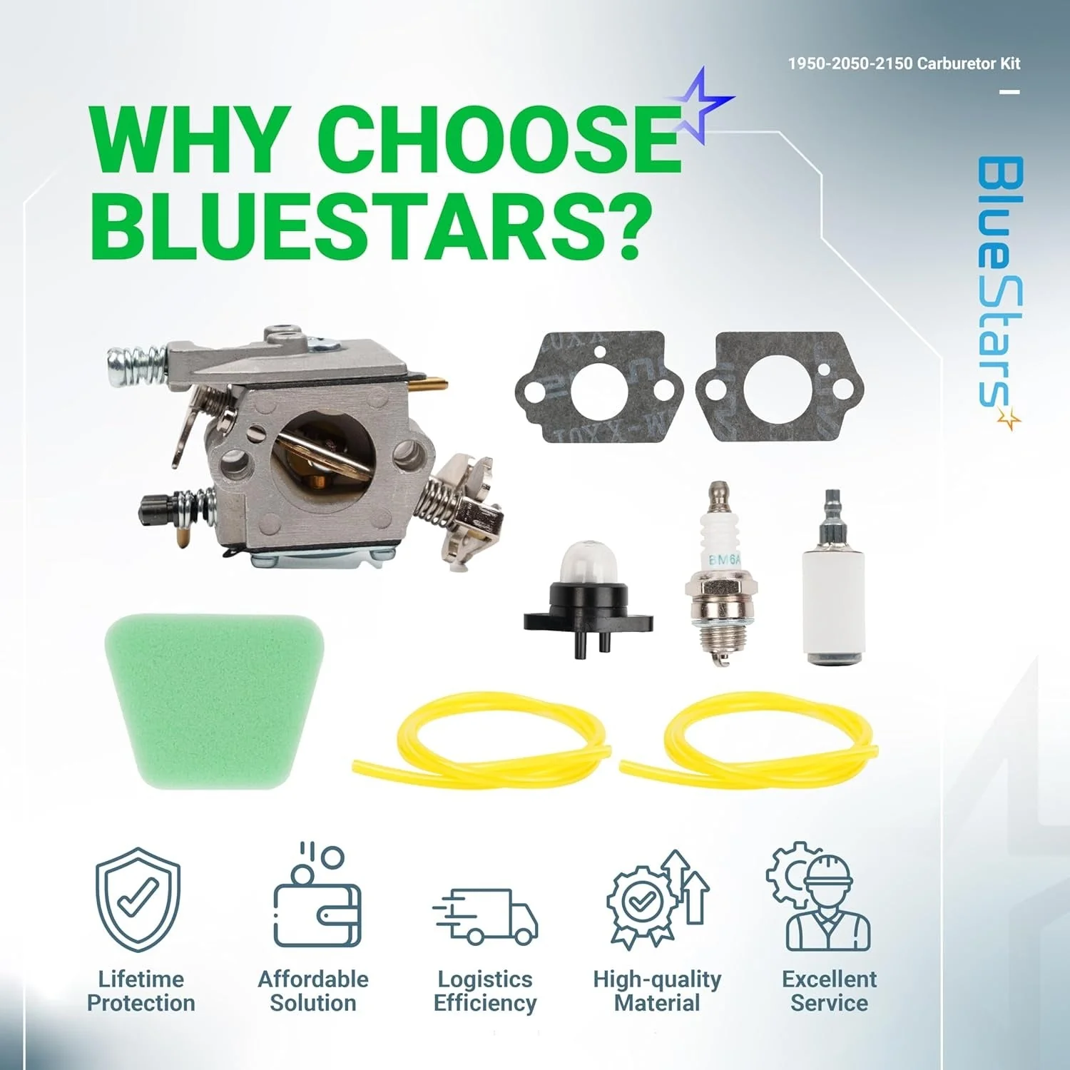 [Lifetime Warranty] 1950 2050 2150 Carburetor Kit (1 carburetor, 1 fuel filter, 1 air filter, 2 yellow fuel lines, 1 primer bulb,1 spark plug,1 gasket) - Image 9