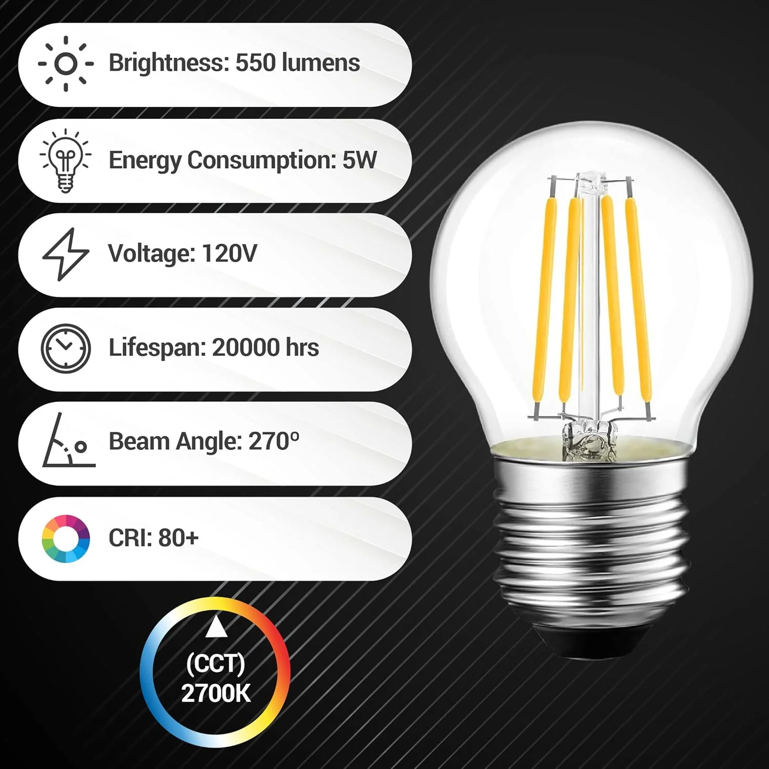 [Lifetime Warranty] G45 E26 Edison LED Filament Globe Bulb 120V 5W (60 Watt Equivalent) - Image 3