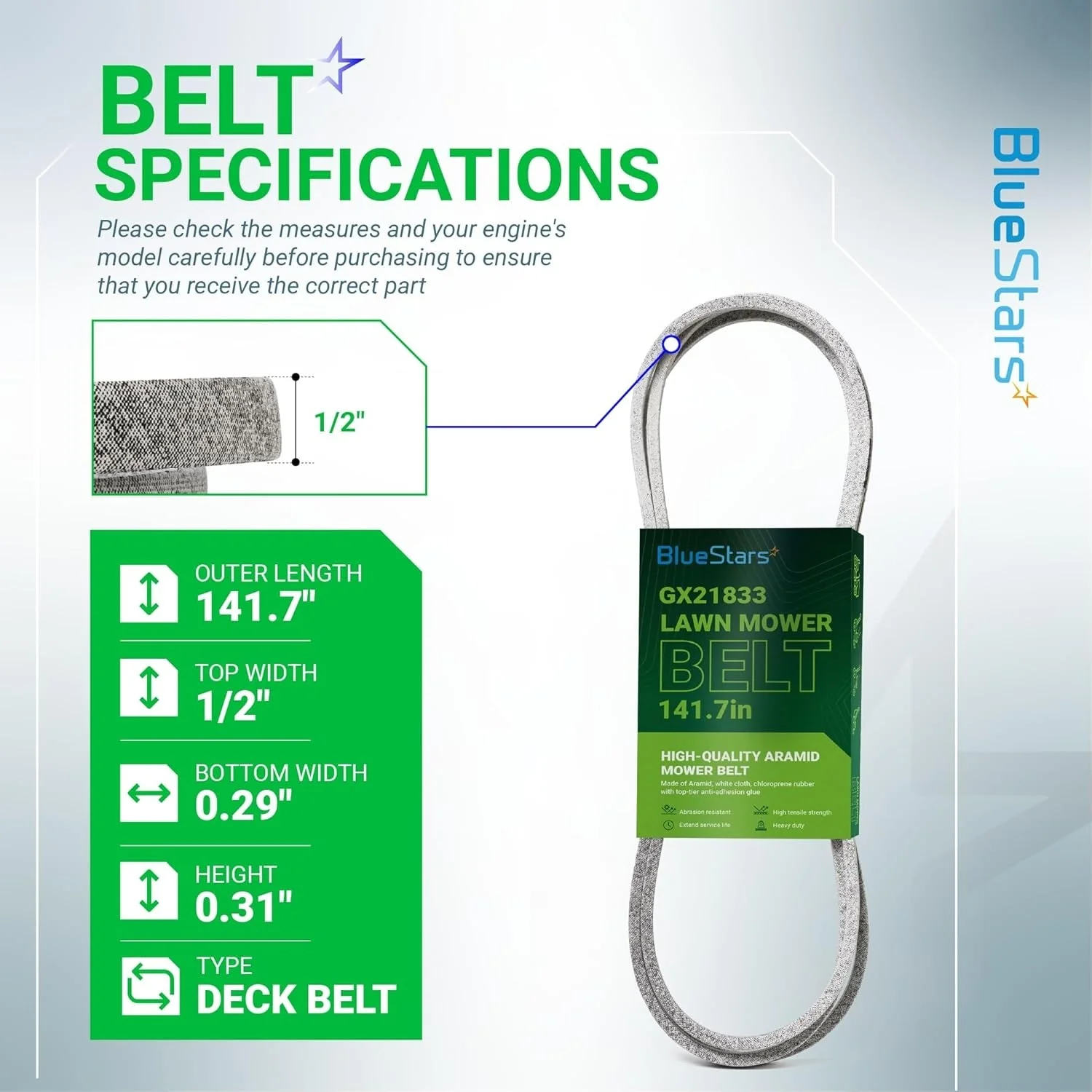 [Lifetime Warranty] Lawn Mower Deck Belt GX21833 1/2" x 141.7" - Image 3